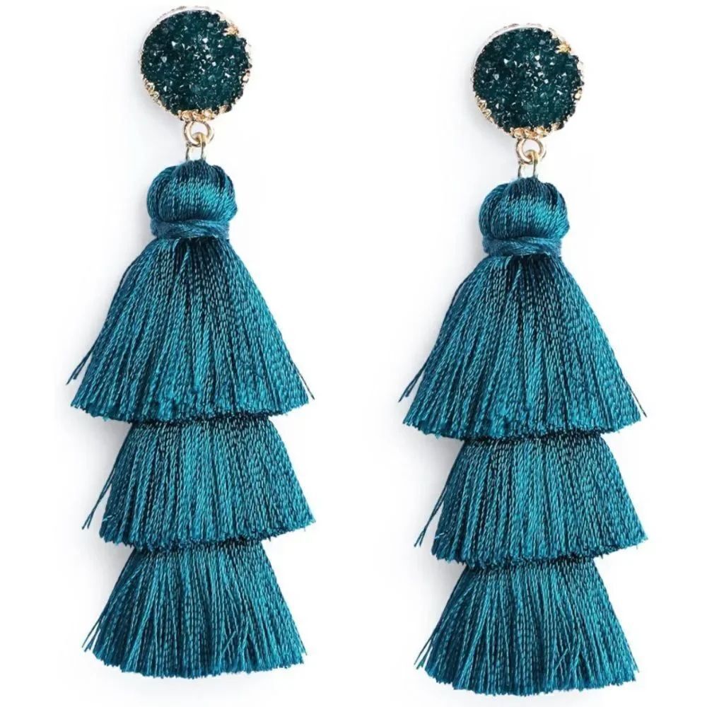 14K Yellow Gold with Peacock Blue Silk Thread Tassel and Quartz Druzy Earrings